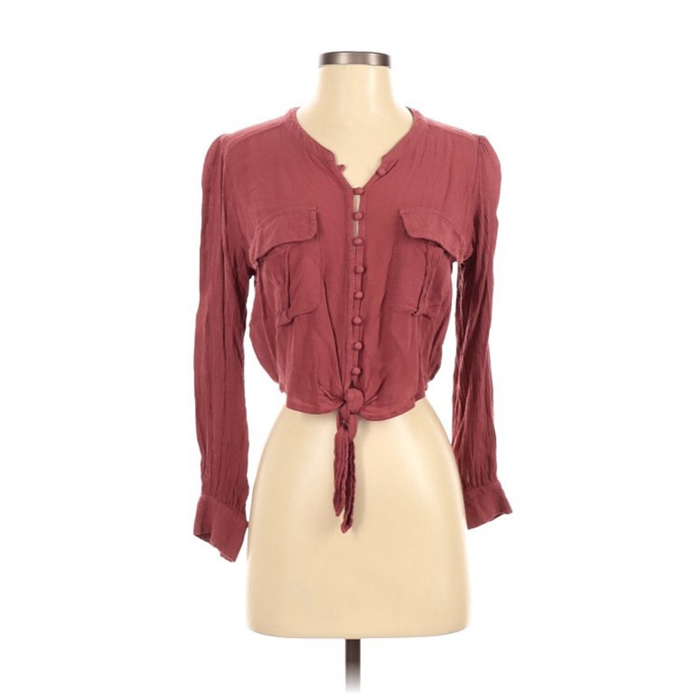 American Eagle Cropped Tie Button Up Blouse - Picture 1 of 10